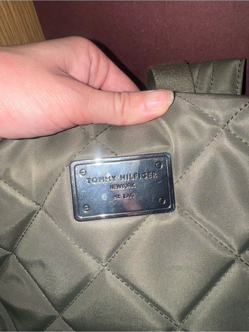 Tommy Hilfiger Gray Quilted Backpack Red Navy Accent